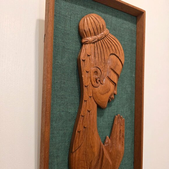 MCM Framed Carved Teak Wood Silhouette Woman Praying Green Wall Hanging Art READ - Picture 3 of 14